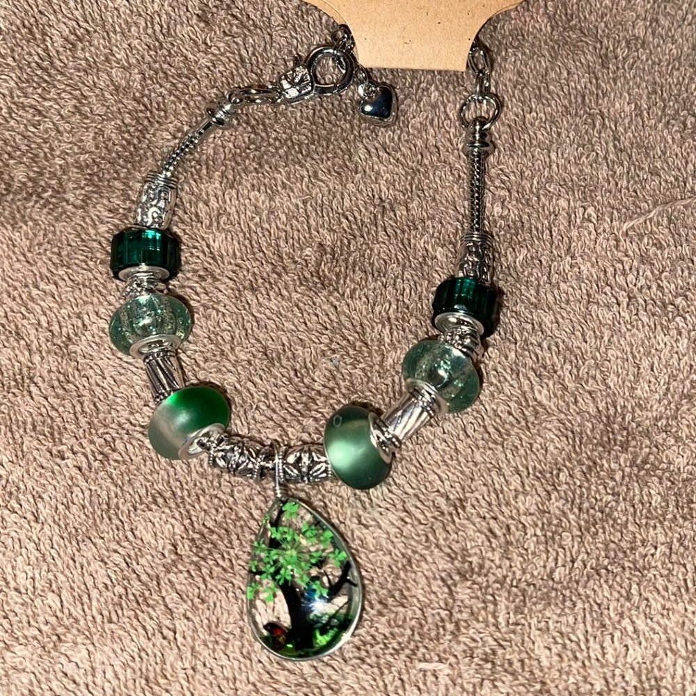 European Pandora Style Bracelet w/Tree of Life Charm & Snake Chain-Green